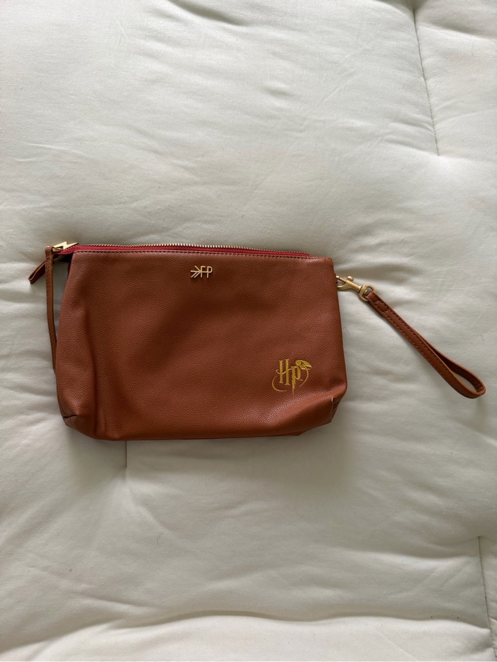 Freshly Picked Tan Brown Wristlet Clutch with Gold Logo